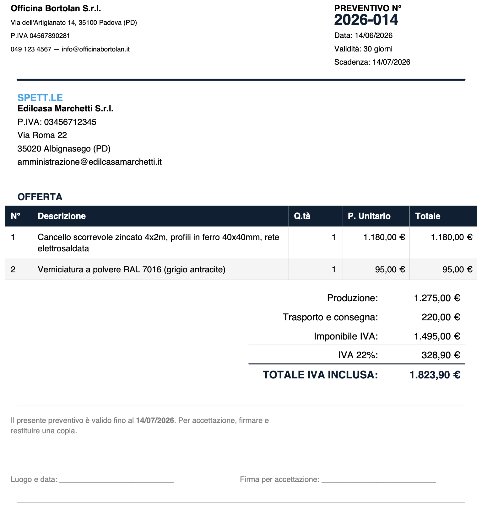 Esempio preventivo PDF generato da Prevify